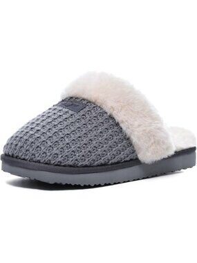 Women Grey Faux Leather Soft Warm Fuzzy Slipper Shoes for Indoor